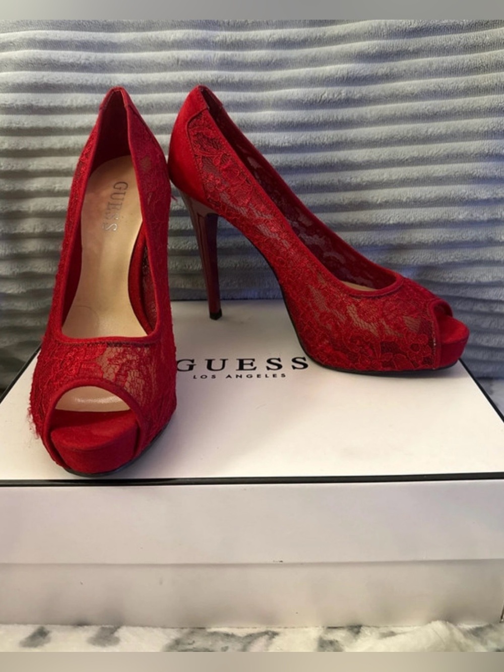 GUESS Red Lace Peep-Toe Stiletto Heels